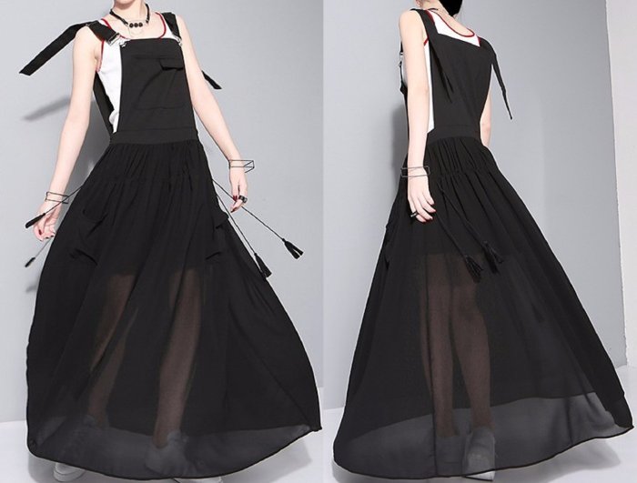 【QINA精品】歐洲站夏季新款設計款時尚黑色拼接雪紡長款背帶連衣裙連身裙吊帶裙