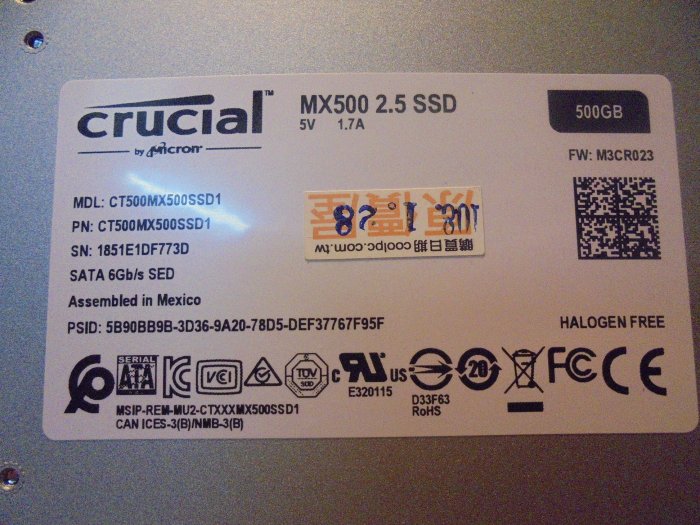 美光 Micron Crucial MX500 500GB SATA3 固態硬碟/SSD 二手/中古 桃園《蝦米小鋪》