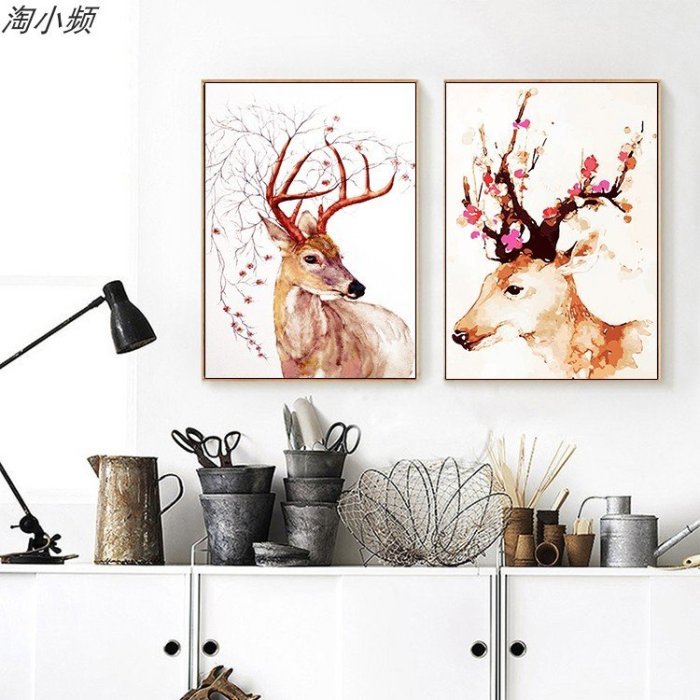 北歐簡約抽像水彩麋鹿裝飾畫畫芯夢幻鹿頭客廳沙發背景(3款可選)