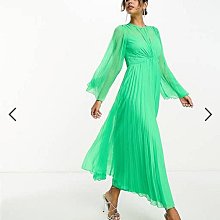 (嫻嫻屋) 英國ASOS-綠色透膚圓領長袖綁帶背百褶中長裙洋裝禮服AA24