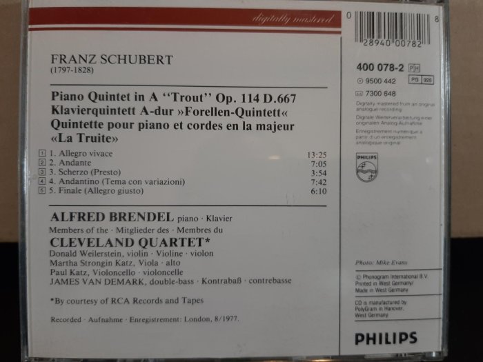 Brendel,Cleveland qt,Schubert-"The Trout"布蘭德爾鋼琴，與克利夫蘭四重奏，演繹舒伯特-鋼琴五重奏"鱒魚"