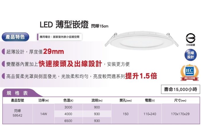 ※便利購※附發票 飛利浦 Philips 閃燁 14W LED 超薄型 崁燈 開孔 15公分 59542 嵌燈 自然光