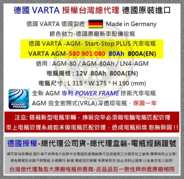 【電池達人】德國 原廠電池 VARTA 華達 AGM 電瓶 舊換新 特價賣場 工資另計 F21 V40 V60 C300