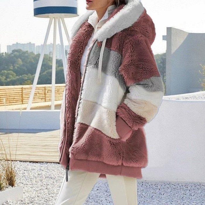 外套女外套跨境亞馬遜爆款歐美2023秋冬保暖毛絨拼佈拉鏈口袋連帽寬鬆外套女