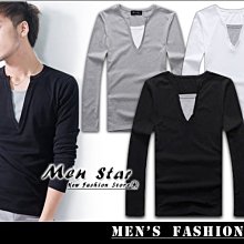 【Men Star】免運費 韓版棉質假兩件式長T / 棉t 長t 韓t / 媲美 stage uniqlo lativ