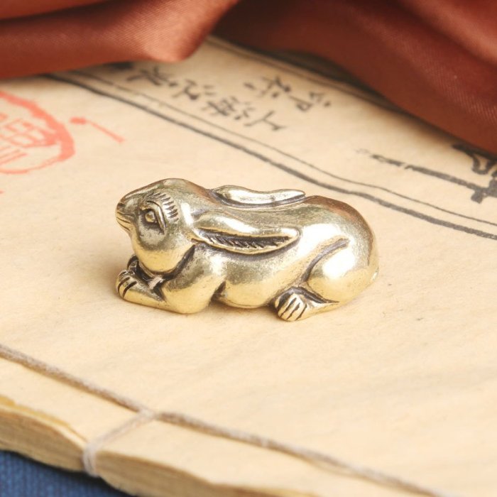 純黃銅兔子桌面擺件十二生肖兔銅雕工藝品文玩茶寵擺飾老銅器批發