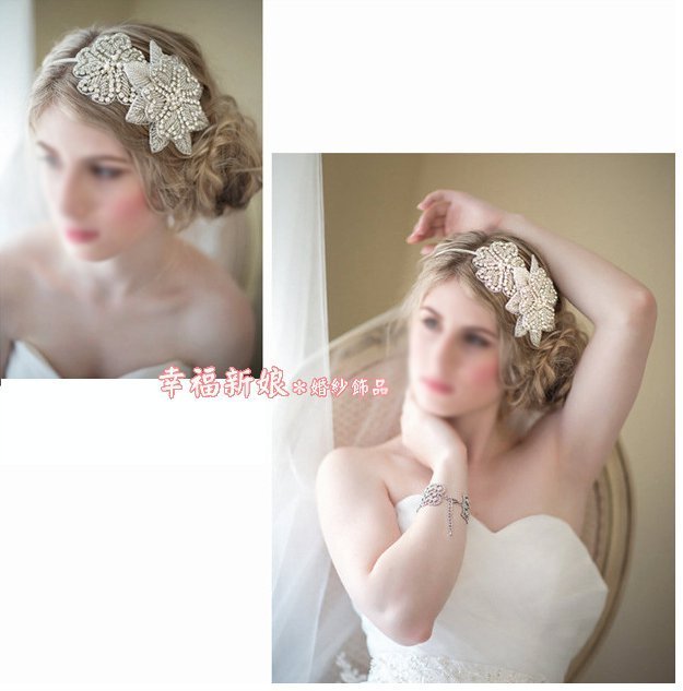 純手工縫製閃亮滿鑽雙層花葉圖騰寶石髮帶綁帶新娘頭飾造型飾品