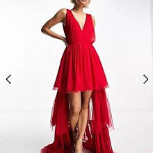 (嫻嫻屋) 英國ASOS-Lace & Beads紅色深V領無袖分層長裙洋裝禮服EK23