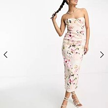 (嫻嫻屋) 英國ASOS-True Violet時尚優雅名媛花卉印花甜心抹胸平口領過膝裙洋裝禮服 EE23