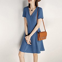 VENESSA~ 新款 精緻通勤 Morandi Blue 立體剪裁好打理 高端醋酸絲V領短袖連身洋裝 (T1459)
