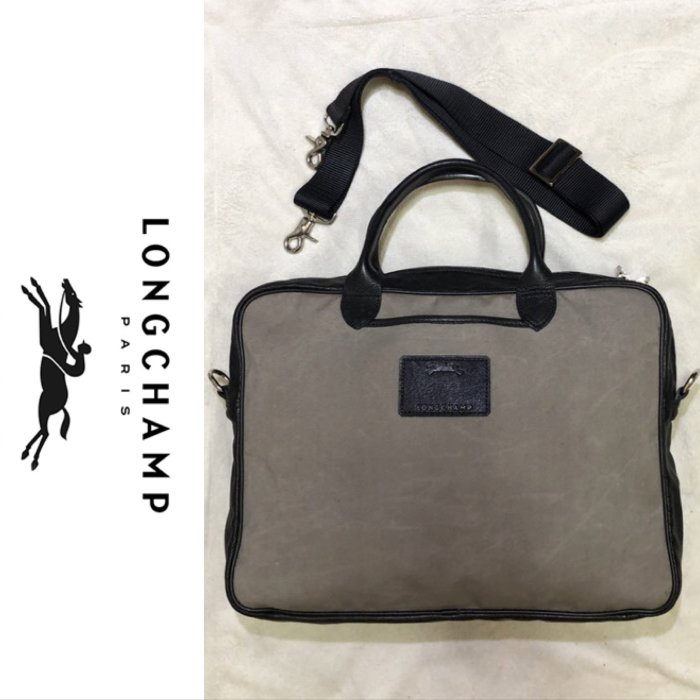 低價起標～近新 法國精品 LONGCHAMP 牛皮斜背包 真皮公事包 帆布商務包 皮革手提包👜 波特包