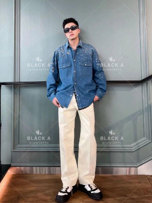 【BLACK A】Gucci 23SS男裝 釘珠水鑽牛仔襯衫 價格私訊