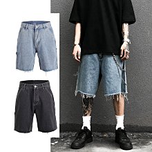 ∵ PRAY FOR FASHION ∴復古老爹肥褲毛邊水洗寬鬆直筒五分百慕達牛仔短褲