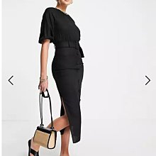 (嫻嫻屋) 英國ASOS-優雅時尚名媛黑色圓領短袖方型腰帶鈕釦雙開叉及膝裙洋裝PJ22