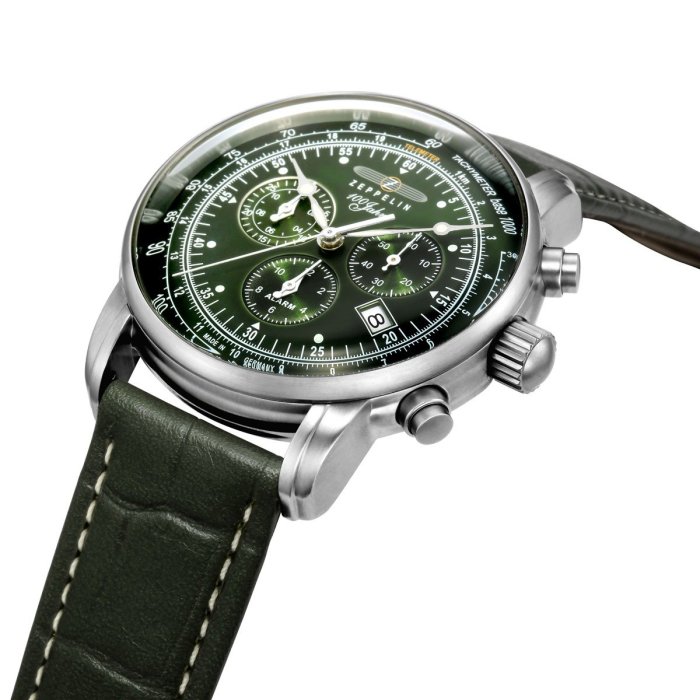 ZEPPELIN 齊柏林飛船 8680-4 手錶 43mm 德國錶 三眼計時 軍風 綠色面盤 深棕 綠色皮錶帶 男錶女錶