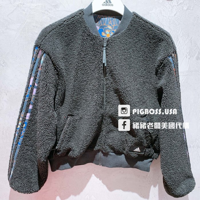 【豬豬老闆】ADIDAS BOMBER JACKET 黑 毛茸茸 雙面穿 防風 風衣 立領外套 女款 GG0770