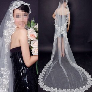 幸福新娘飾品% 大花邊繡花3M超長頭紗 新娘頭飾 造型婚紗飾品 白/米白色