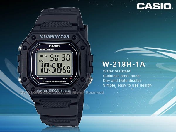 CASIO 卡西歐 手錶專賣店 國隆 W-218H-1A 復古電子男錶 樹脂錶帶 黑 防水50米 碼錶功能 W-218H