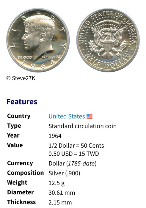 美國    甘迺迪    半元    50分    1964    銀幣(90%)    1693