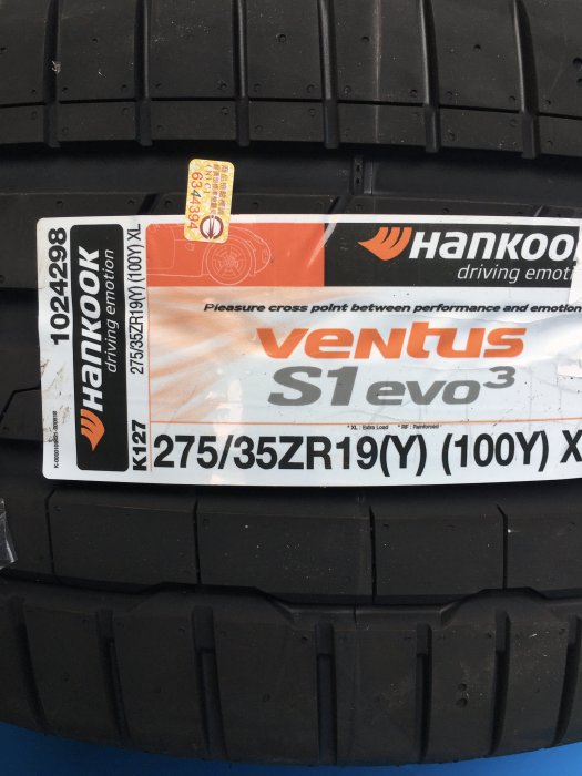 百世霸定位hankook 韓可固輪胎 s1 evo3 k127 275/35/19 6300/完工ps4s倍耐力 固特異