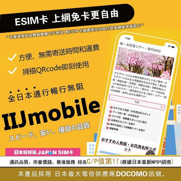 [日本好好玩7天/8天 IIJ 日本上網卡 5G網路 不降速 免設定無限用量 SIM卡/ESIM卡任選 吃到飽日本網卡