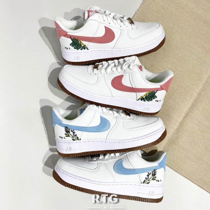 RTG】NIKE W AIR FORCE 1 再生刺繡葉子牛仔布粉勾CZ0269-101 100 藍勾