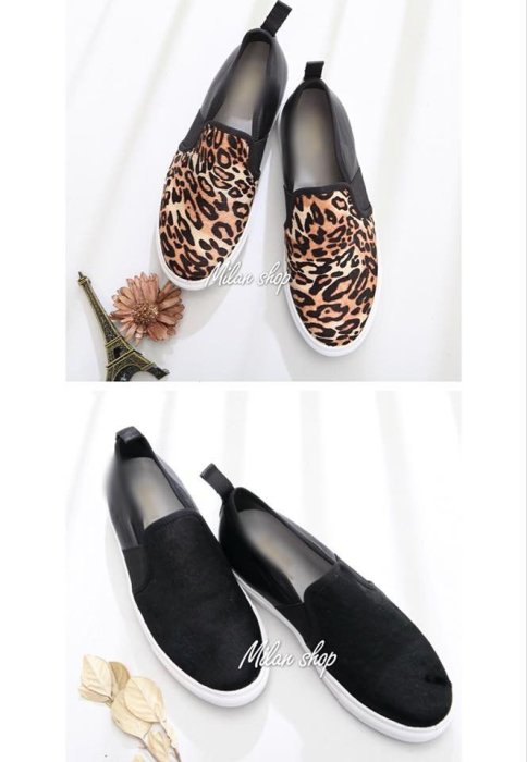 ☆Milan Shop☆網路最低價 正韓Korea專櫃款 高質感豹紋拼接真皮懶人鞋 2色$1380(免運)