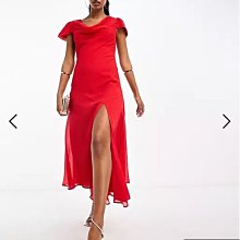 (嫻嫻屋) 英國ASOS- 紅色垂墜領短袖開叉中長裙洋裝禮服EH23