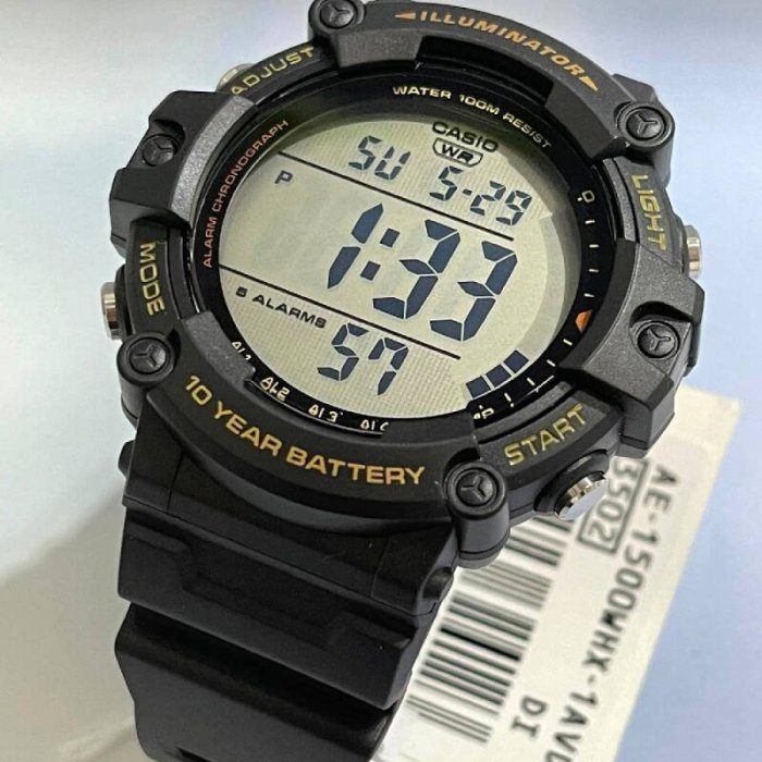 【金台鐘錶】CASIO卡西歐 10年電力 電子錶 (大錶徑) 防水100米 (黑) AE-1500WHX-1A
