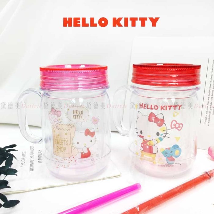 塑膠梅森杯 550ml-附吸管 凱蒂貓 HELLO KITTY 三麗鷗 Sanrio 正版授權