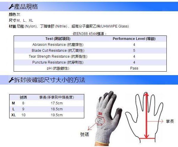 【工具屋】*含稅* 3M 防切割手套 L 止滑耐磨防割手套 EN388 防切割第4級 工業專用手套 搬運 舒適