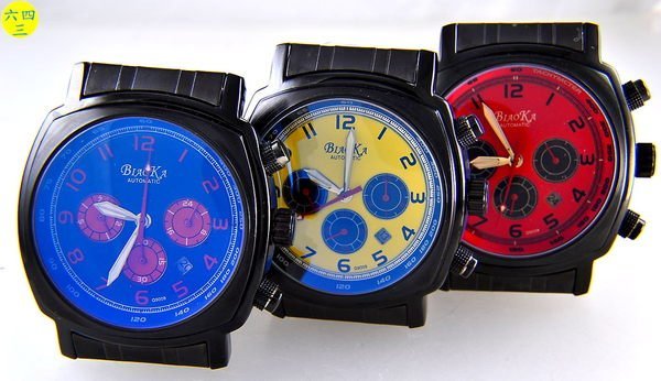 (六四三精品)座墊型錶殼.超大錶徑4.3公分.炫藍玻璃.黑色烤漆.三眼六針自動上鍊機械錶....!
