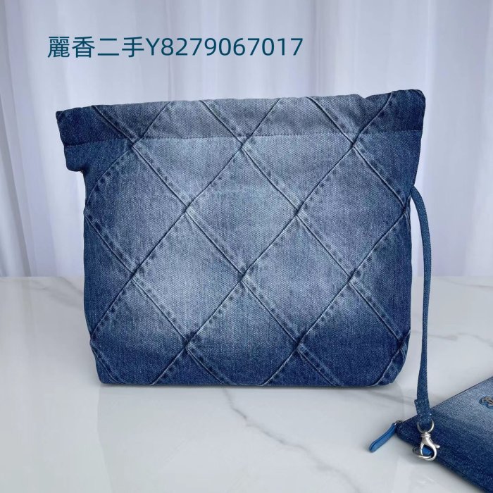 麗香二手 CHANEL 香奈兒 22 拼接牛仔布 銀色金屬 托特包 肩背包 購物袋 AS3260 現貨