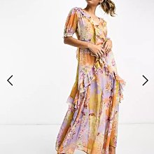 (嫻嫻屋) 英國ASOS-River Island 雙層荷葉摺邊V領公主袖飄曳長裙花卉印花長洋裝 EC23