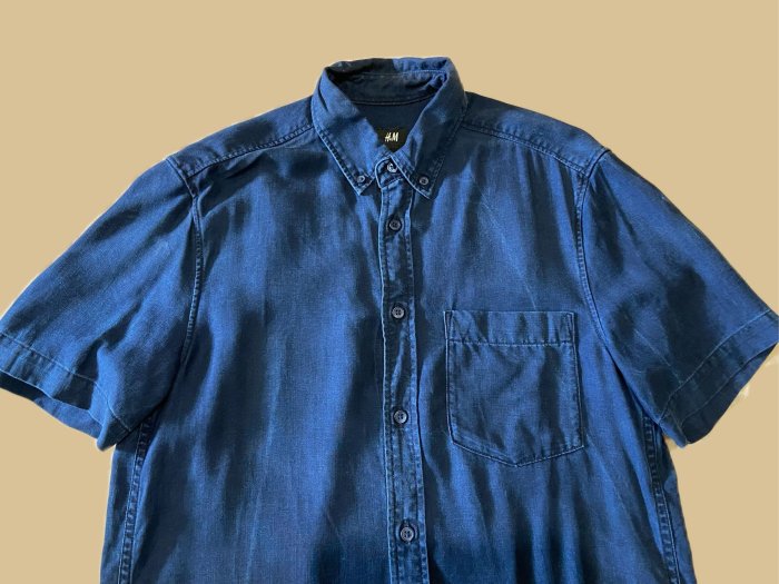 現金價$400 H&M 男裝 休閒 鈕扣 短袖襯衫 短袖上衣 深藍色