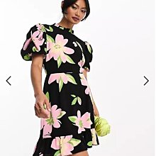 (嫻嫻屋) 英國ASOS-花卉印花高領泡泡袖荷葉摺邊裙洋裝EG23