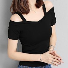 露肩T恤女短袖性感T恤上衣服夏季新款上衣衣服韓版露肩吊帶短袖T恤女一字領露肩性感修身學生上衣女性服飾服裝《購物趣》