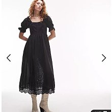 (嫻嫻屋) 英國ASOS-Topshop 黑色方領泡泡袖荷葉摺邊裝飾中長裙洋裝EC23
