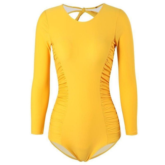 夏季熱品  韓國新款黃色長袖泳衣遮肚顯瘦保守女保守溫泉連身三角泳衣女