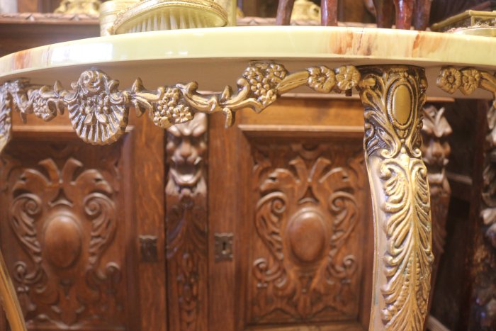 【家與收藏】賠售特價稀有珍藏歐洲古董法國精緻華麗銅浮雕珍貴仿石玄關桌