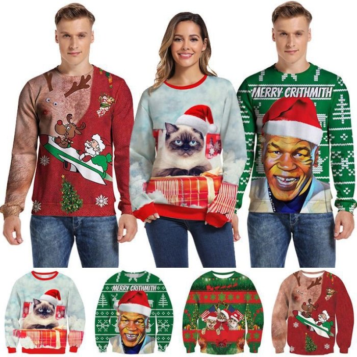 中性男/女醜陋聖誕毛衣長袖聖誕老人聖誕保暖套頭運動衫-時尚精選