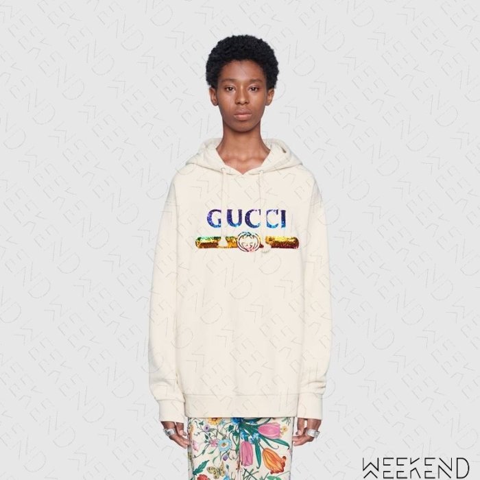 【WEEKEND】 GUCCI Sequin Logo 彩色亮片 連帽 衛衣 帽T 米白色 19春夏 469251