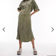 (嫻嫻屋) 英國ASOS-Topshop綠色襯衫領短袖寬鬆造型中長裙洋裝ED23