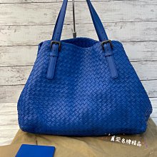 《真愛名牌精品》BOTTEGA VENETA  寶藍色編織牛皮 肩背包/購物包*85成新*