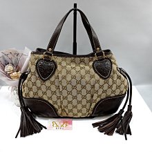 ☆優買二手精品名牌店☆ GUCCI 211955 GG LOGO 咖啡色緹花布 愛心小金人 流蘇包肩背包購物包托特包 美品