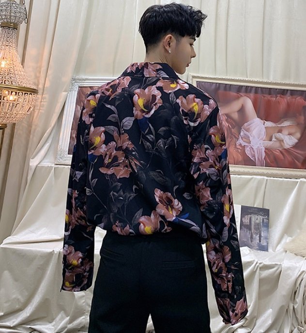 《TINO HOMME》2019春夏新款日韓版不規則剪裁OVERSIZE宮廷風花朵圖案印花翻領寬鬆襯衫