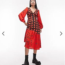 (嫻嫻屋) 英國ASOS-Topshop混合花朵印花V領長袖中長裙洋裝AD24