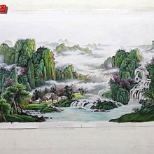 【放畫藝術】國畫山水G11 純手繪 油畫 橫幅 冷色系 無框畫 風水 流水 風景 開運 招財 進寶 納福 實拍影片