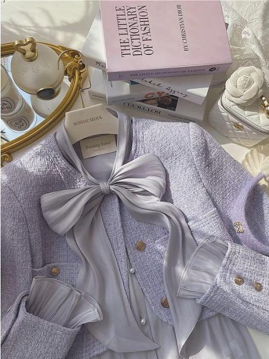 芋紫珍珠扣喇叭袖珠光襯衫