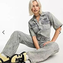 (嫻嫻屋) 英國ASOS- GUESS Originals 藍色牛仔西裝領短袖長褲連身褲 EL23